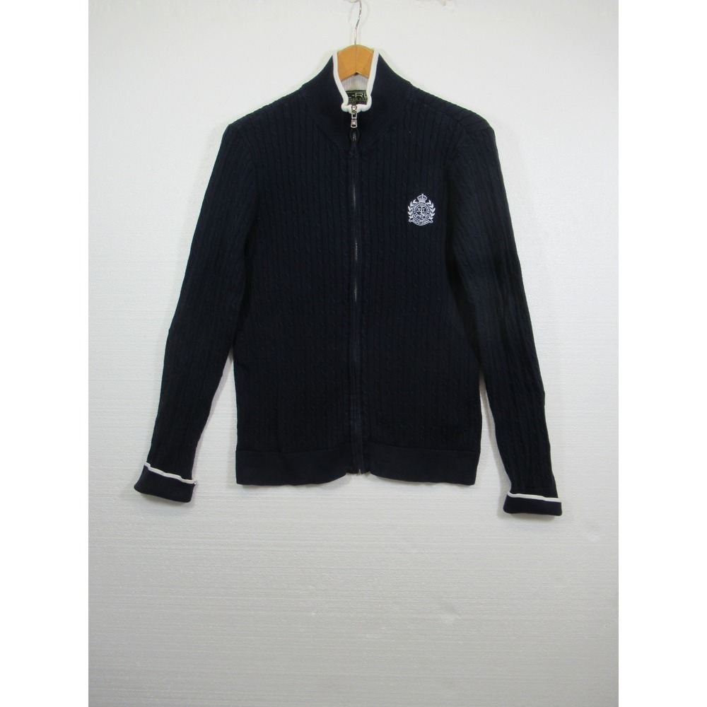 Lauren Ralph Lauren Embroidered Cardigan Sweater Women XL Blue Preppy Zip Up